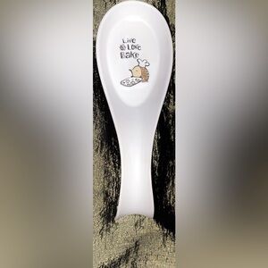 Ceramic Spoon Rest Featuring Hedgehog Chef  Text “Live Love Bake"
